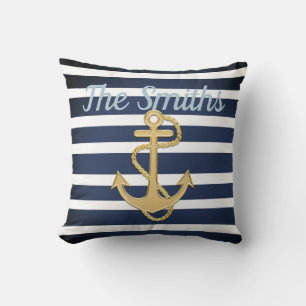Coussin Bleu et Ancre or Nautique