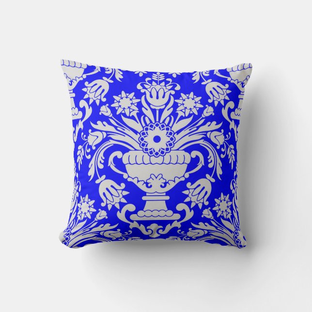 Coussin Bleu et blanc Damas motif floral élégant (Recto)