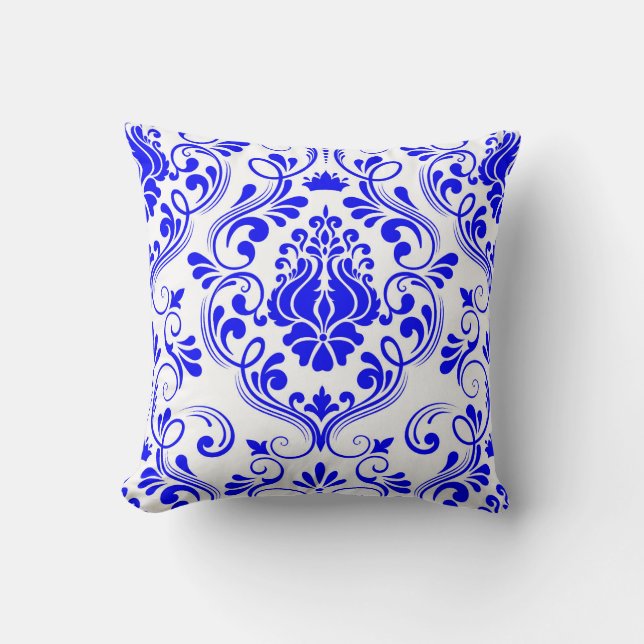 Coussin Bleu et blanc Damas motif floral élégant (Recto)