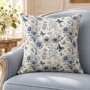 Coussin Bleu et Blanc Floral et Papillon Vintage