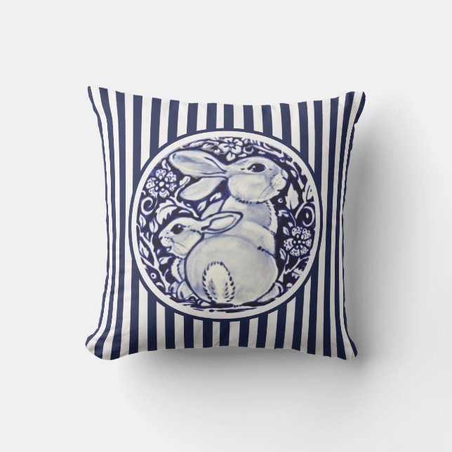 Coussin Bleu et blanc lapin Grandes bandes Dedham Floral (Recto)
