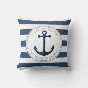 Coussin Bleu et blanc rayé avec ancre personnalisée