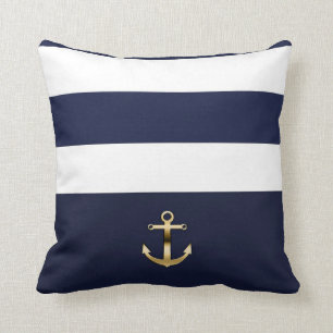 Coussin Bleu et blanc rayé d'ancre dorée chic nautique