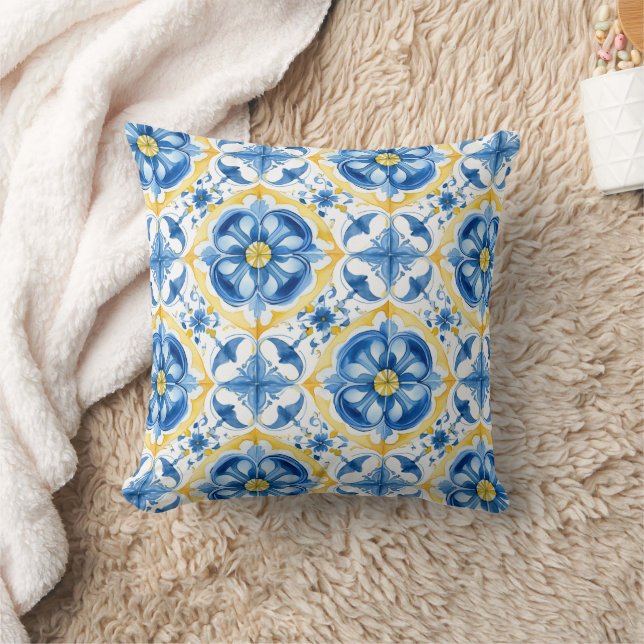 Coussin 💛 💙 bleu et jaune, aquarelle fleurie Azulejos (Couverture)