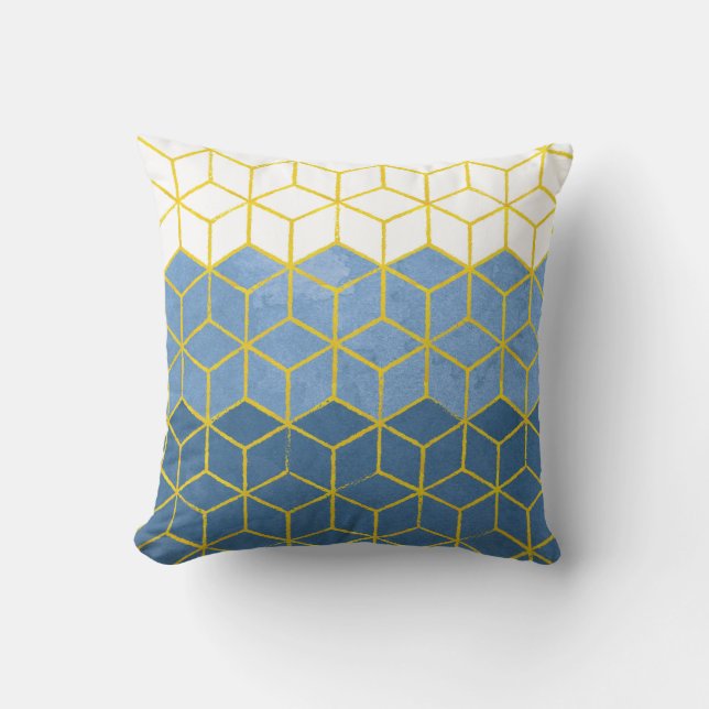 Coussin Bleu et or géométriques d'hexagones (Recto)