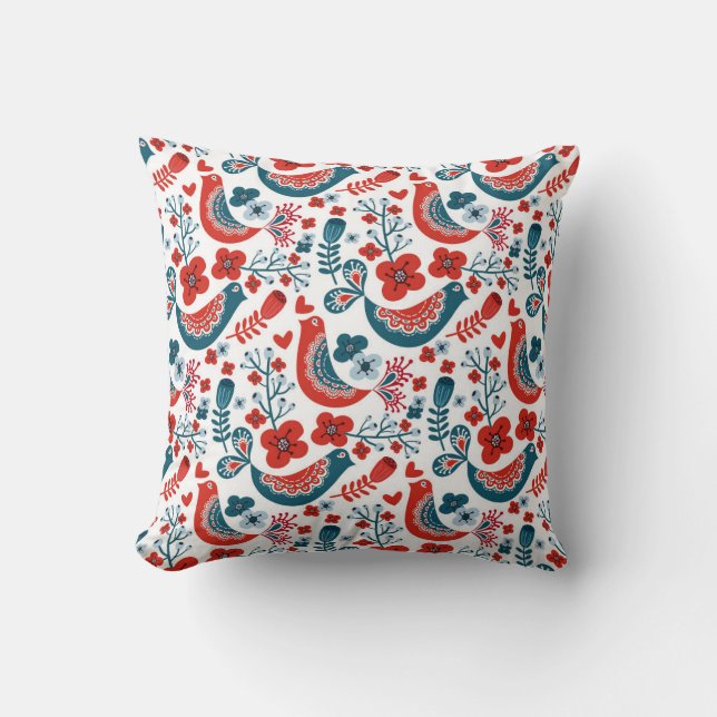 Coussin bleu et rouge nordique style oiseaux (Recto)