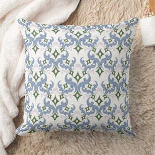 Coussin bleu et vert damas ornement pointillisme