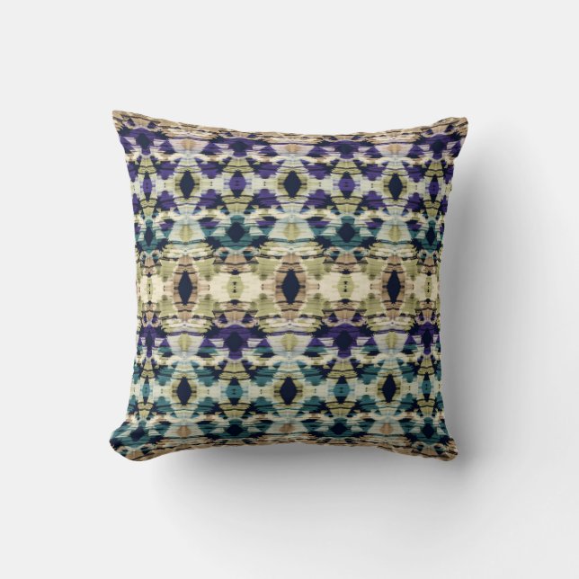 Coussin Bleu ethnique, ikat beige (Recto)