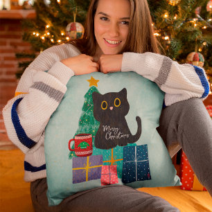 Coussin Bleu Festif Café Chat Mignon Joyeux Noël