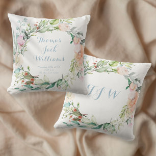 Coussin Bleu Floral Monogramme Statistiques de Naissance N
