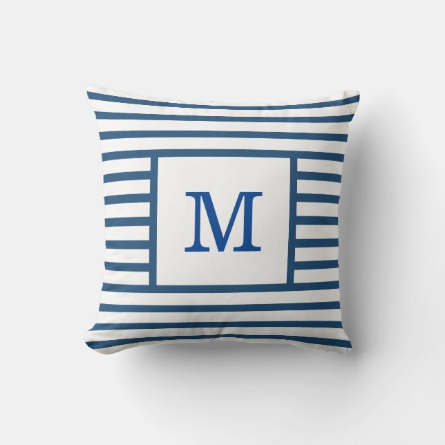 Coussin Bleu foncé et blanc rayures personnalisées Monogra (Recto)