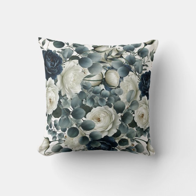Coussin Bleu foncé et blanc Vert floral moderne (Recto)