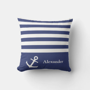 Coussin Bleu foncé et Blancs Nautiques Nom Ancre