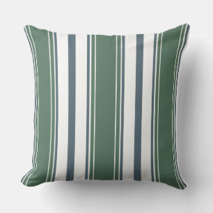 Coussin Bleu-Gris, vert sauge, rayures verticales blanches