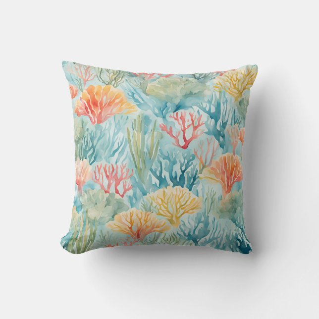 Coussin Bleu Jaune Orange Corail Reef Côtier Nautique (Recto)