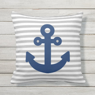 Coussin Bleu Marine Ancre Gris clair rayures