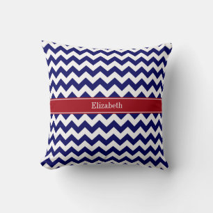 Coussin Bleu Marine Blanc Chevron Cranberry Monogramme Nom
