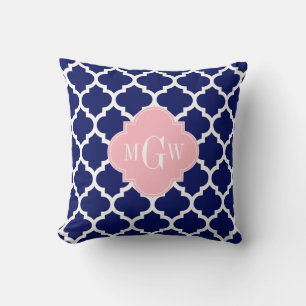 Coussin Bleu Marine Blanc Marocain #5 Rose 3 Initial Monog