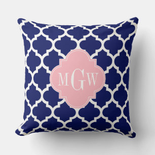 Coussin Bleu Marine Blanc Marocain #5 Rose 3 Initial Monog