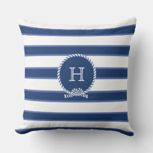 Coussin Bleu Marine Blanc Monogramme Nautique Stripes mode