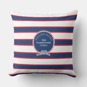 Coussin Bleu Marine Bleu Rouge Monogramme Nautique Bande
