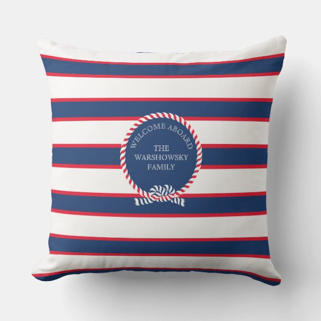 Coussin Bleu Marine Bleu Rouge Monogramme Nautique Bande (Recto)