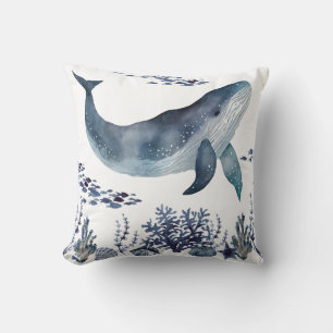 Coussin Bleu marine et baleine et coquillages blancs