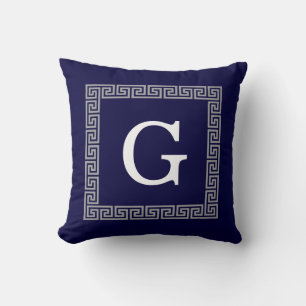 Coussin Bleu marine gris foncé clé grecque #1 monogramme e