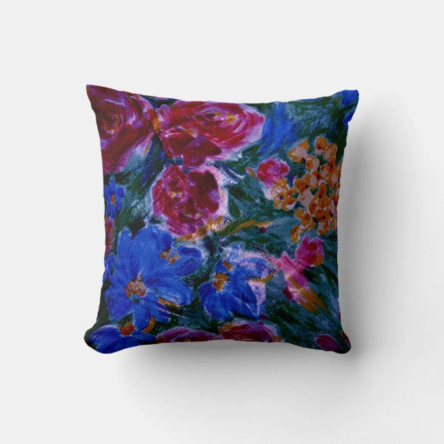 Coussin Bleu, Maroon, Beau Floral (Recto)