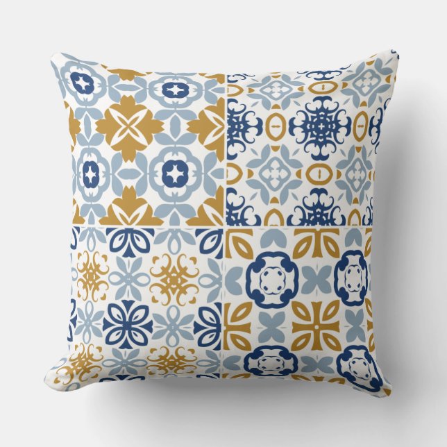 Coussin Bleu marron blanc carrelage portugais motif (Recto)