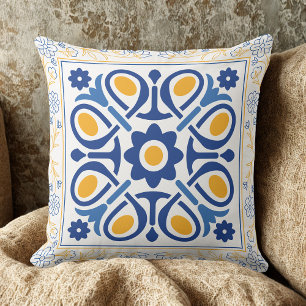 Coussin Bleu méditerranéen & Or Carrelage floral classique