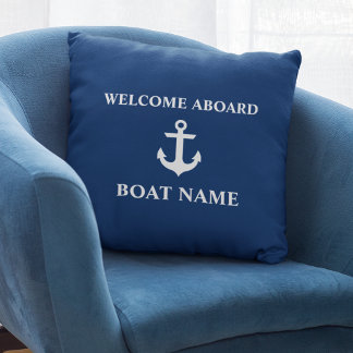 Coussin Bleu nautique Bienvenue à bord Nom du bateau Bleu 