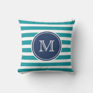 Coussin Bleu Nautique Turquoise Bande Monogramme Jeu d'ore