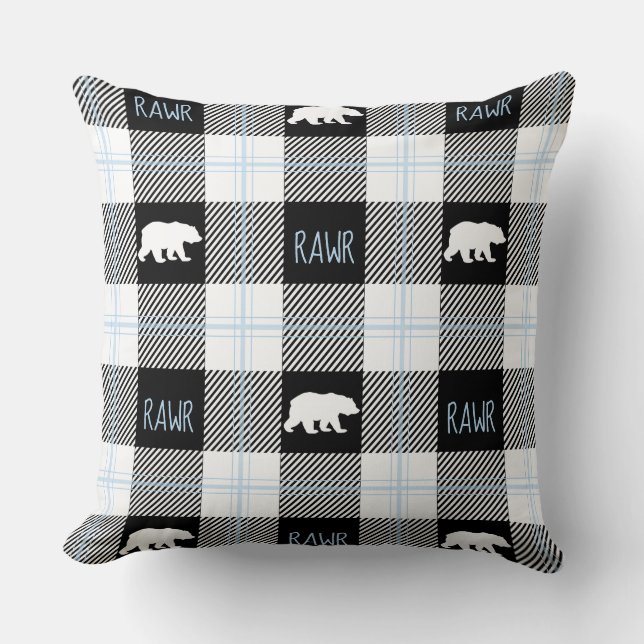 Coussin Bleu noir et blanc mignon ours et flanelle de Rawe (Recto)