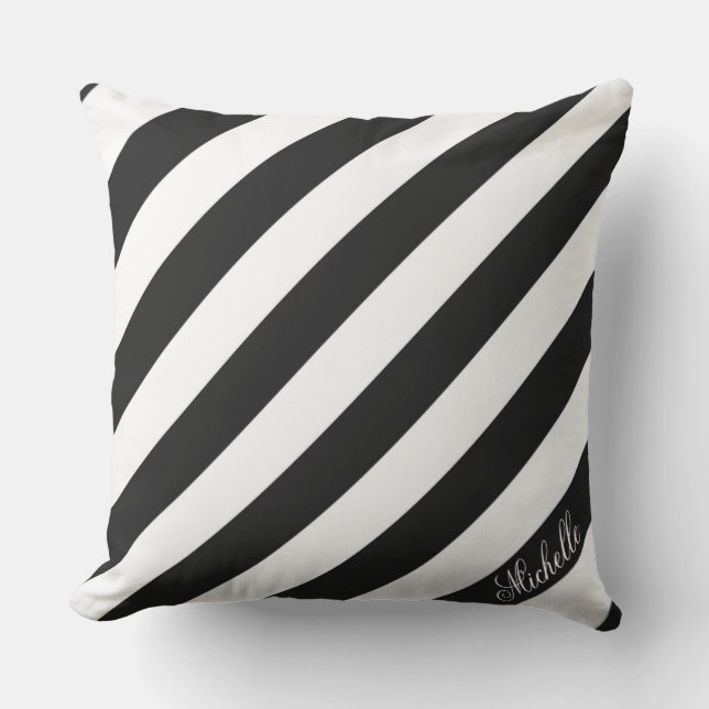 Coussin Bleu noir et blanc rayures obliques personnalisées (Recto)
