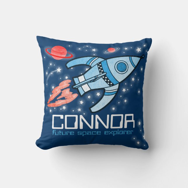 Coussin bleu nommé d'explorateur d'espace de fusée (Recto)