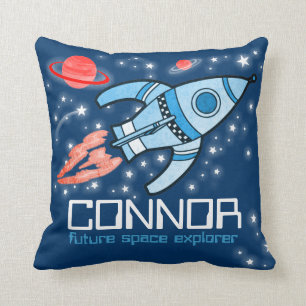 Coussin bleu nommé d'explorateur d'espace de fusée