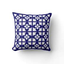 Bleu Nuit Foncé sur Floral Géométrique Blanc