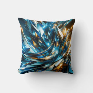 Coussin Bleu Or Abstrait Métallique Géométrique Futuriste