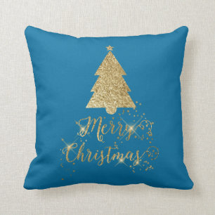 Coussin Bleu or étincelle Joyeux sapin de Noël