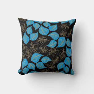 Coussin Bleu or large feuille motif sur noir