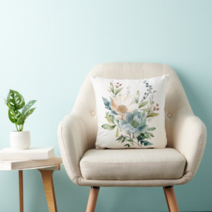 Coussin Bleu Poussiéreux Abricot Beige Floral Aquarelle
