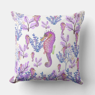 Coussin Bleu rose Purple Hippocampe Corail Plage Côtière