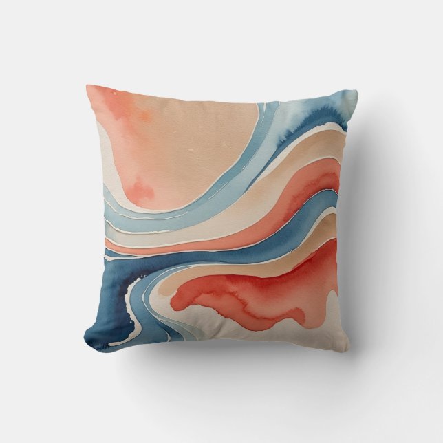 Coussin Bleu, rouge et sable Aquarelle abstraite (Recto)
