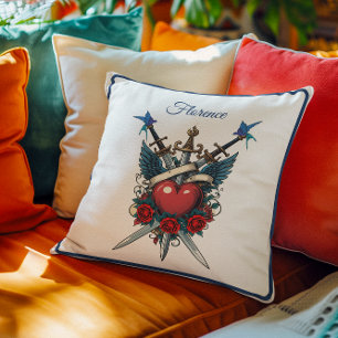 Coussin Bleu rouge floral du coeur nautique