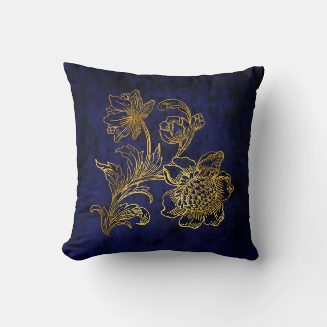 Coussin Bleu royal et carreau floral d'or (Recto)