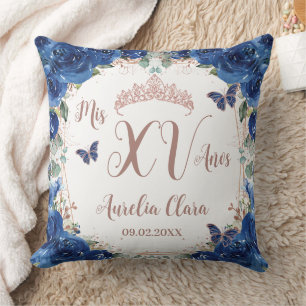 Coussin Bleu Royal Floral Rose Gold Quinceañera XV Ans