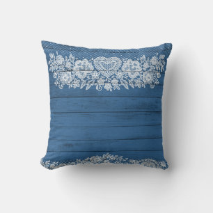 Coussin Bleu Rustique Bois & Blanc Dentelle Campagnard Élé