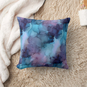 Coussin Bleu sarcelle et marbre fluide aquarelle violet