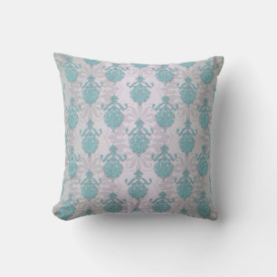 Coussin Bleu sarcelle, vert et blanc argenté damassé